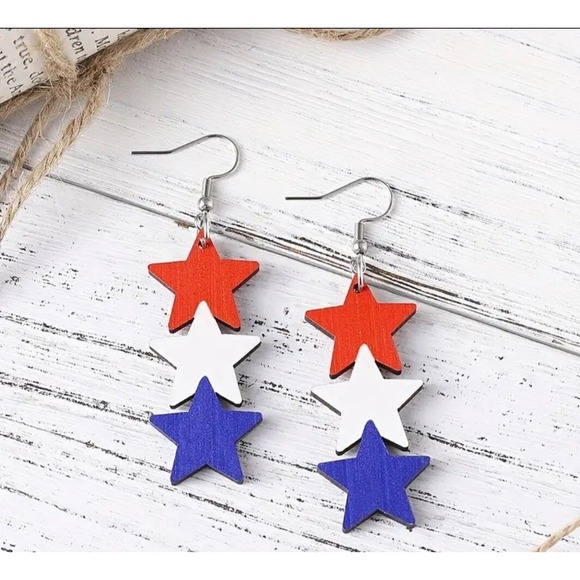 New Red White Blue Stars Dangling Drop Wooden Earrings July 4th Memorial Day - Picture 2 of 3